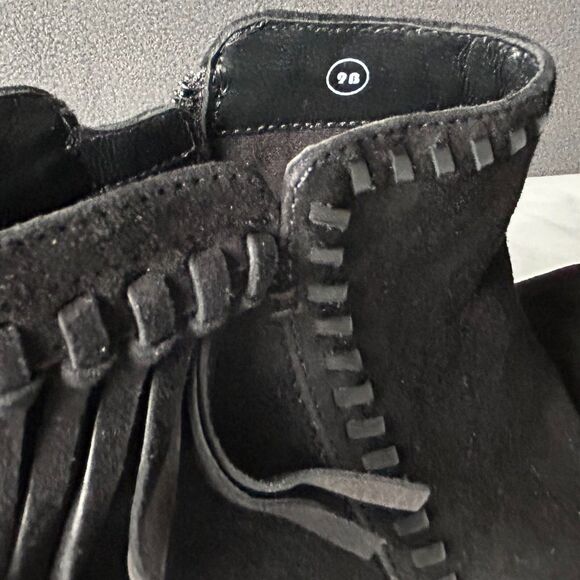 Earthies Zurich Black Suede Leather Booties Fringed Western - Women's Size 9 - Picture 8 of 9